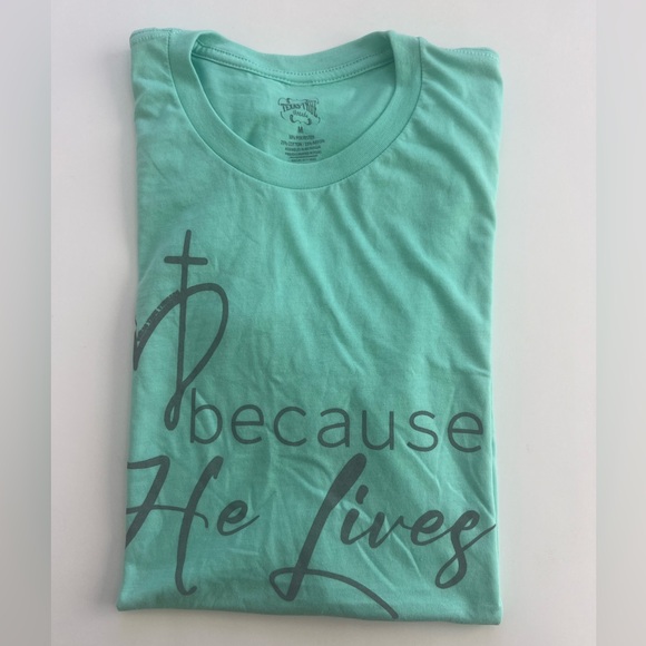 NEW TEXAS TRUE THREADS "because he lives" tee color mint size M - Picture 2 of 4